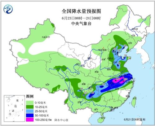 全国降水量预报图(6月23日08时-24日08时)