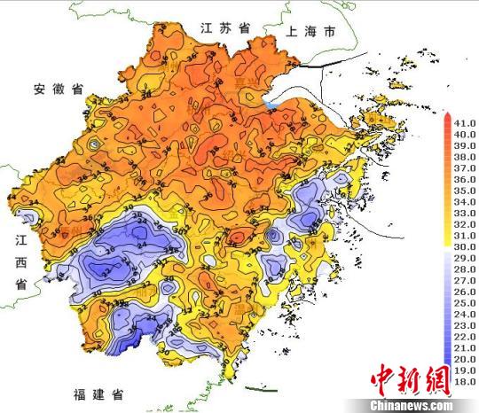 图为浙江高温分布图。浙江天气网提供